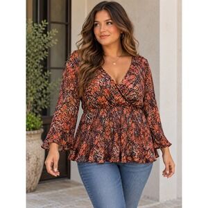 Sere Nade Blouse Women Size 2X Orange Pink Zebra Floral Peplum Boho Top